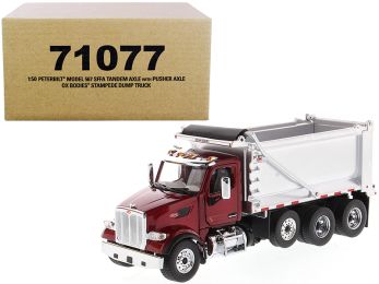 Peterbilt 567 SFFA Tandem Axle with Pusher Axle OX Stampede Dump Truck Red and Chrome Transport Series 1/50 Diecast Model by Diecast Masters
