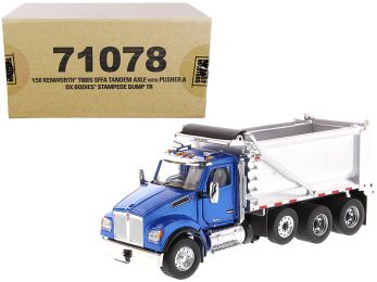 Kenworth T880S SFFA Tandem Axle with Pusher Axle OX Stampede Dump Truck Blue and Chrome Transport Series 1/50 Diecast Model by Diecast Masters
