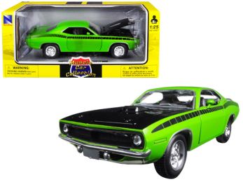 1970 Plymouth Barracuda Green with Black Hood and Stripes \Muscle Car Collection\" 1/25 Diecast Model Car by New Ray"""