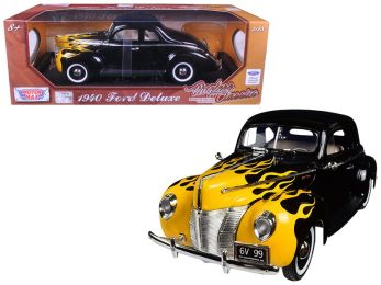 1940 Ford Deluxe Black with Yellow Flames \Timeless Classics\" 1/18 Diecast Model Car by Motormax"""