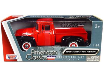 1956 Ford F-100 Pickup Truck Red and Black with Whitewall Tires \American Classics\" 1/24 Diecast Model Car by Motormax"""