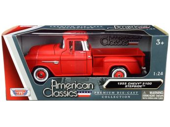 1955 Chevrolet 5100 Stepside Pickup Truck Matt Red with Whitewall Tires \American Classics\" 1/24 Diecast Model Car by Motormax"""