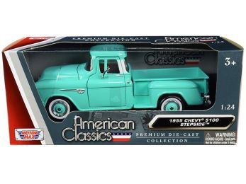 1955 Chevrolet 5100 Stepside Pickup Truck Turquoise with Whitewall Tires \American Classics\" 1/24 Diecast Model Car by Motormax"""