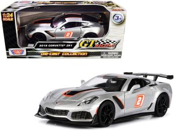 2019 Chevrolet Corvette ZR1 #2 Silver with Black and Orange Stripes \GT Racing\" Series 1/24 Diecast Model Car by Motormax"""