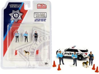 \Metropolitan Police\" 8 piece Diecast Set (3 Figurines and 1 Dog and 4 Accessories) for 1/64 Scale Models by American Diorama"""