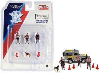 \Police\" 8 piece Diecast Set (3 Figurines and 1 Dog and 4 Accessories) for 1/64 Scale Models by American Diorama"""