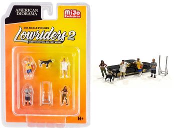 \Lowriders 2\" 6 piece Diecast Set (4 Figurines and 1 Dog and 1 Accessory) for 1/64 Scale Models by American Diorama"""
