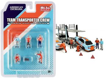 \Team Transporter Crew\" Diecast Set of 6 pieces (5 Figurines and 2 Warning Triangles) for 1/64 Scale Models by American Diorama"""