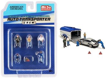\Auto Transporter Crew\" Diecast Set of 7 pieces (5 Figurines and 2 Warning Triangles) for 1/64 Scale Models by American Diorama"""