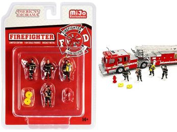 \Firefighter\" 7 piece Diecast Set (4 Figurines and 3 Accessories) for 1/64 Scale Models by American Diorama"""