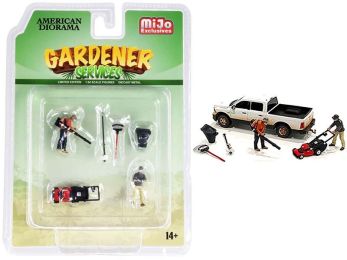 Gardener Services Diecast Set of 6 pieces (2 Figurines and 4 Accessory) for 1/64 Scale Models by American Diorama