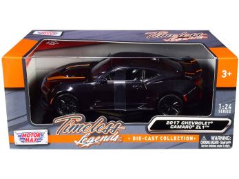 2017 Chevrolet Camaro ZL1 Black Metallic with Orange Stripes 1/24 Diecast Model Car by Motormax