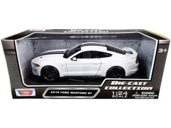 2018 Ford Mustang GT 5.0 White with Black Stripes 1/24 Diecast Model Car by Motormax