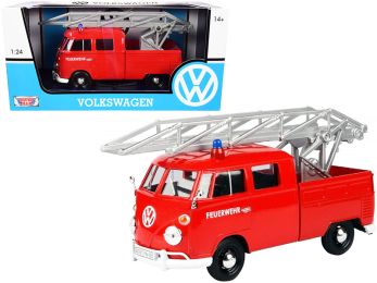 Volkswagen Type 2 (T1) Fire Truck with Aerial Ladder \Feuerwehr\ Red 1/24 Diecast Model Car by Motormax