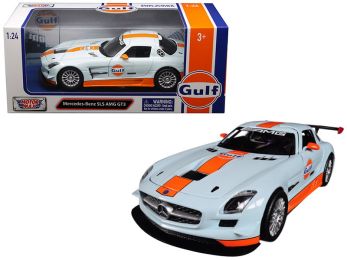 Mercedes Benz SLS AMG GT3 with \Gulf\" Livery Light Blue with Orange Stripe 1/24 Diecast Model Car by Motormax"""