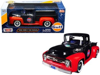 1956 Ford F-100 Pickup Truck \Gulf\" Dark Blue and Red 1/24 Diecast Model Car by Motormax"""