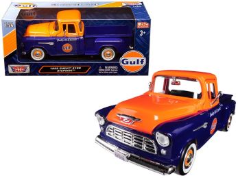 1955 Chevrolet 5100 Stepside Pickup Truck \Gulf\" Dark Blue and Orange 1/24 Diecast Model Car by Motormax"""