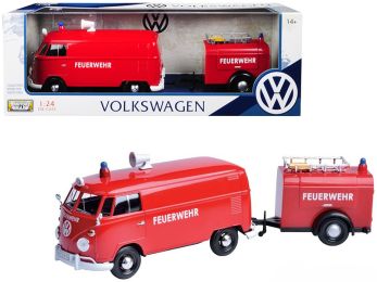 Volkswagen Type 2 (T1) Fire Van with Fire Fighting Trailer \Feuerwehr\ Red 1/24 Diecast Model Car by Motormax