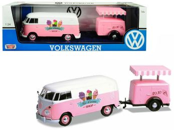 Volkswagen T1 Delivery Van with Ice-Cream Trailer Pink and White \Ice-Cream Shop\ 1/24 Diecast Model Car by Motormax