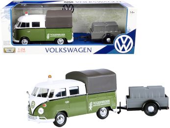 Volkswagen T1 Pickup with Canopy Green and White with Trailer \Road Service\1/24 Diecast Model Car by Motormax