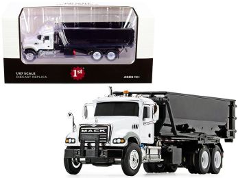 Mack Granite with Tub-Style Roll-Off Container Dump Truck White and Black 1/87 Diecast Model by First Gear
