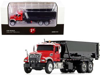 Mack Granite with Tub-Style Roll-Off Container Dump Truck Red and Black 1/87 Diecast Model by First Gear