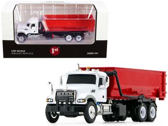 Mack Granite with Tub-Style Roll-Off Container Dump Truck White and Red 1/87 Diecast Model by First Gear