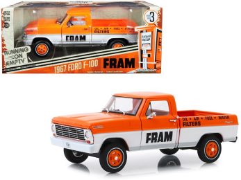 1967 Ford F-100 Pickup Truck Orange and White \FRAM Oil Filters\" \""Running on Empty\"" Series 3 1/24 Diecast Model Car by Greenlight"""