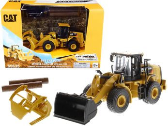 CAT Caterpillar 950M Wheel Loader with Bucket and Log Fork with Two Log Poles Play & Collect! 1/64 Diecast Model by Diecast Masters