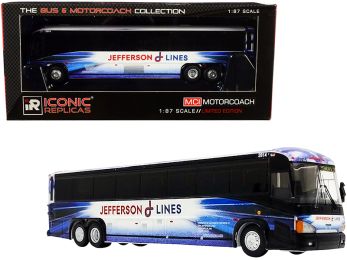 MCI D4505 Motorcoach Bus \Jefferson Lines\" Blue and White \""The Bus & Motorcoach Collection\"" 1/87 (HO) Diecast Model by Iconic Replicas"""