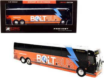 Prevost X3-45 Coach Bus Bolt for a Buck Orange and White Bolt Bus 1/87 (HO) Diecast Model by Iconic Replicas