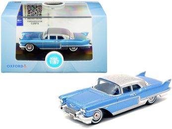 1957 Cadillac Eldorado Hardtop Copenhagen Blue Metallic with Silver Top 1/87 (HO) Scale Diecast Model Car by Oxford Diecast