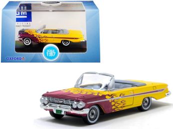 1961 Chevrolet Impala Convertible Yellow with Purple Flames \Hot Rod\" 1/87 (HO) Scale Diecast Model Car by Oxford Diecast"""