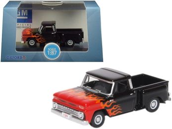 1965 Chevrolet C10 Stepside Pickup Truck Black with Flames \Hot Rod\" 1/87 (HO) Scale Diecast Model Car by Oxford Diecast"""