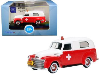 1950 Chevrolet Panel Van \Ambulance\" Red and White 1/87 (HO) Scale Diecast Model Car by Oxford Diecast"""