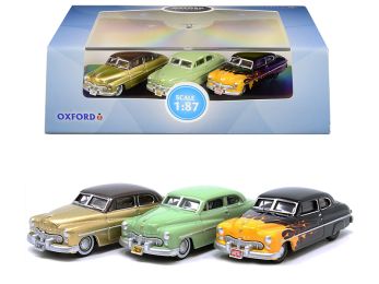 1949 Mercury Set of 3 Cars \70th Anniversary\" 1/87 (HO) Scale Diecast Model Cars by Oxford Diecast"""
