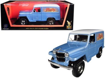 1955 Willys Jeep Station Wagon Silver Blue with White Top \Lucky\" 1/18 Diecast Model Car by Road Signature"""