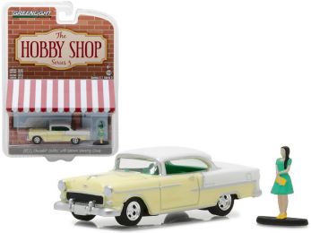 1955 Chevrolet Bel Air Yellow with Woman in Dress \The Hobby Shop\" Series 3 1/64 Diecast Model Car by Greenlight"""