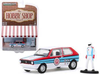 1975 Volkswagen Rabbit White with Stripes and Race Car Driver Figurine \The Hobby Shop\" Series 8 1/64 Diecast Model Car by Greenlight"""