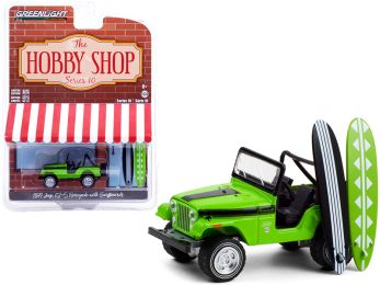 1971 Jeep CJ-5 Renegade Big Bad Green with Black Stripes with Two Surfboards \The Hobby Shop\" Series 10 1/64 Diecast Model Car by Greenlight"""