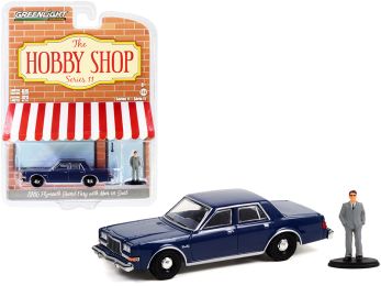 1986 Plymouth Grand Fury Unmarked Police Car Navy Blue and Man in Suit Figurine \The Hobby Shop\ Series 11 1/64 Diecast Model Car by Greenlight