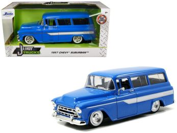 1957 Chevrolet Suburban Blue with White Stripes \Just Trucks\" 1/24 Diecast Model Car by Jada"""
