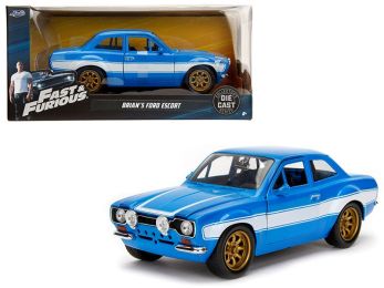 1970 Brian\'s Ford Escort Blue with White Stripes \Fast & Furious\" Movie 1/24 Diecast Model Car by Jada"""