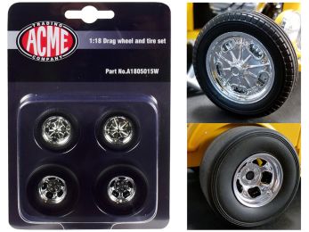 Chrome Drag Wheel and Tire Set of 4 pieces from \1932 Ford 3 Window\" 1/18 by Acme"""