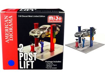 Two Post Lift (Blue) with Mechanic Figurine and Oil Drainer Diorama Set for 1/64 Scale Models by American Diorama