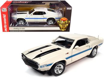 1970 Shelby GT-500 428 Cobra Jet Wimbledon White with Blue and Black Stripes \Class of 1970\" 1/18 Diecast Model Car by Autoworld"""