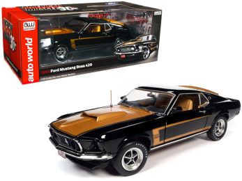 1969 Ford Mustang Boss 429 Fastback Raven Black and Gold with Gold Interior American Muscle 30th Anniversary 1/18 Diecast Model Car by Autoworld