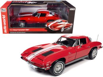 1963 Chevrolet Corvette Stingray Z06 Riverside Red with White Stripes American Muscle 30th Anniversary 1/18 Diecast Model Car by Autoworld