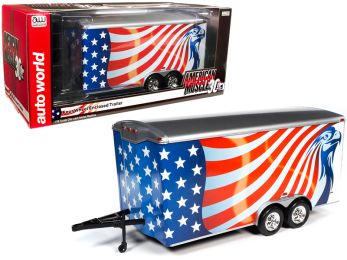 Four Wheel Enclosed Car Trailer with American Flag Graphics American Muscle 30th Anniversary for 1/18 Scale Model Cars by Autoworld