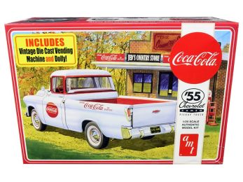 Skill 3 Model Kit 1955 Chevrolet Cameo Pickup Truck \Coca-Cola\" with Vintage Vending Machine and Dolly 1/25 Scale Model by AMT"""